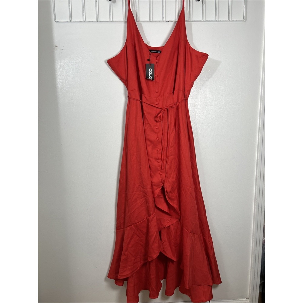 Boohoo Women 24 Maxi Dress Red Spaghetti Strap Plunge V Neck 6414 - Picture 8 of 8